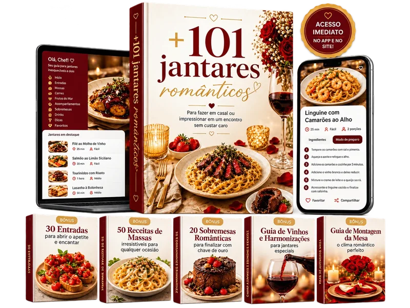 Kit Romântico de Jantares a Dois: livro +101 Jantares Românticos, app no celular e no computador e 5 bônus