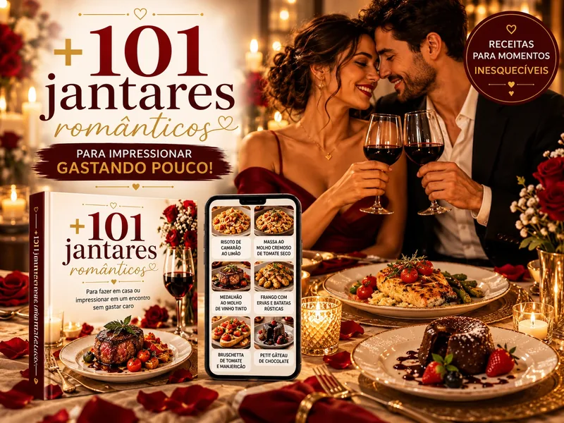 Casal brindando à luz de velas, com o livro +101 Jantares Românticos e as receitas no celular